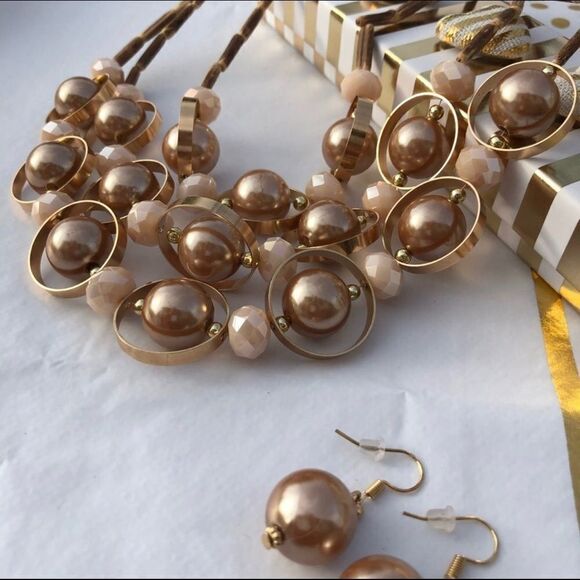 SUMMER Necklace & Earring Set Faux Pearls and  Wooden beads  New - Picture 3 of 7